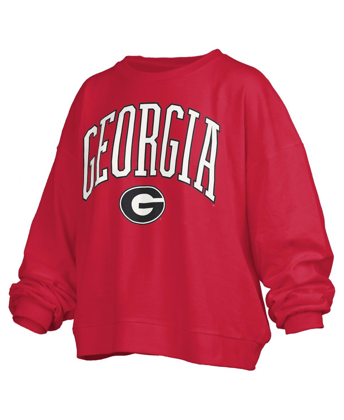 PRESSBOX WOMEN'SÂ RED GEORGIA BULLDOGS JANISE ARCH OVER LOGO WAIST LENGTH OVERSIZED PULLOVER SWEATSHIRT 