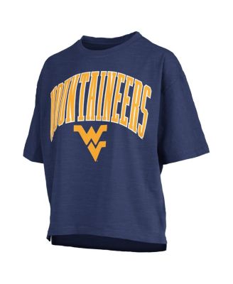 Women's&nbsp;Navy West Virginia Mountaineers Nelson Arch Over Logo Waist Length Oversized Slub T-Shirt