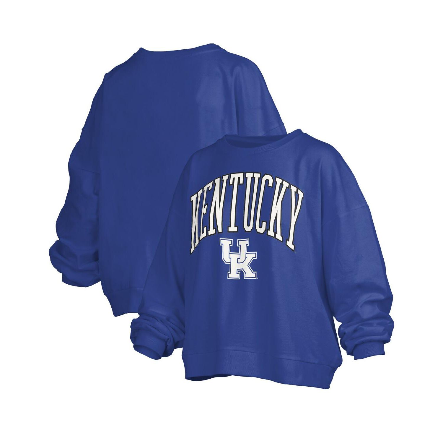 Women's Royal Kentucky Wildcats Janise Arch Over Logo Waist Length Oversized Pullover Sweatshirt