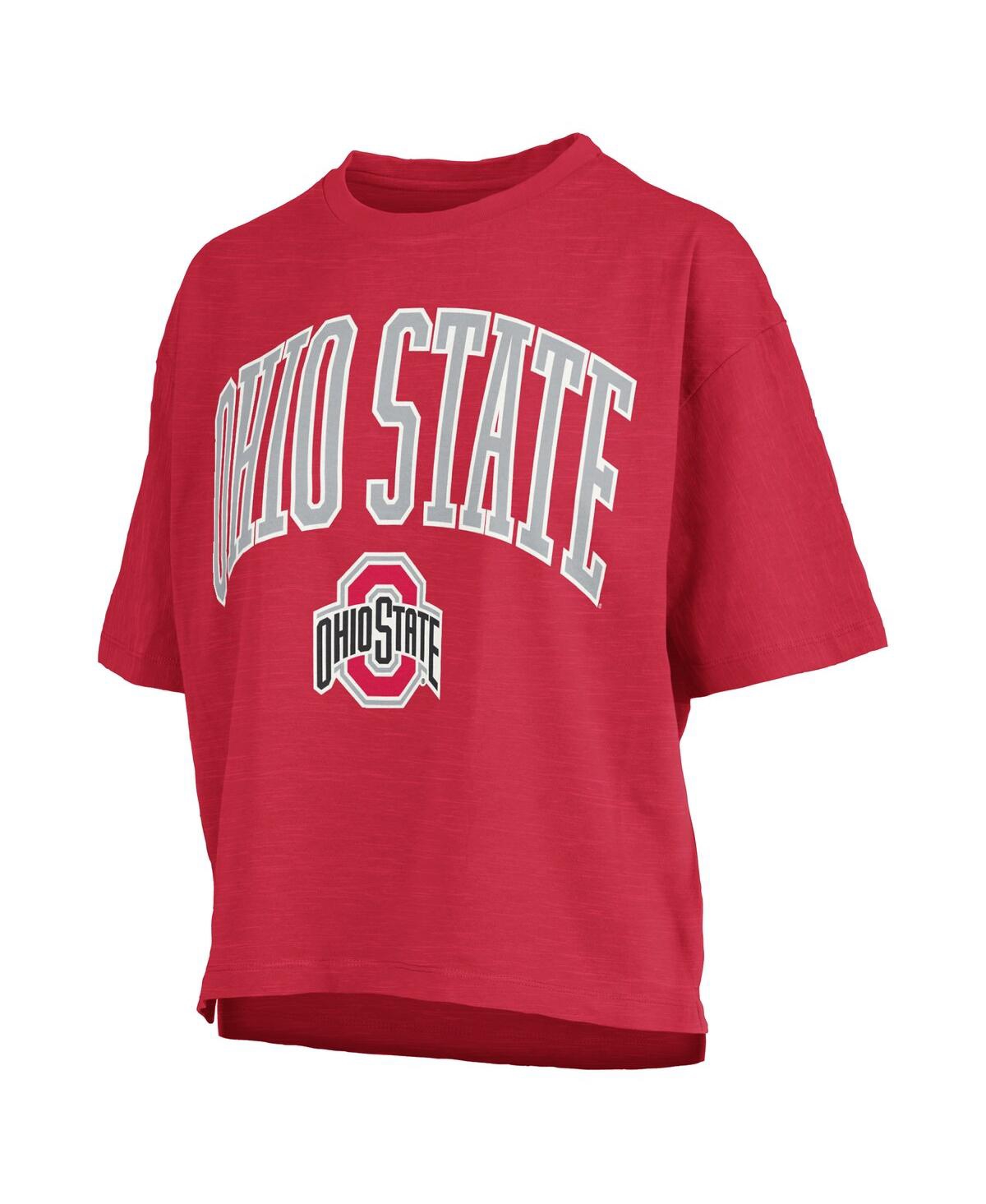 PRESSBOX WOMEN'SÂ SCARLET OHIO STATE BUCKEYES NELSON ARCH OVER LOGO WAIST LENGTH OVERSIZED SLUB T-SHIRT 