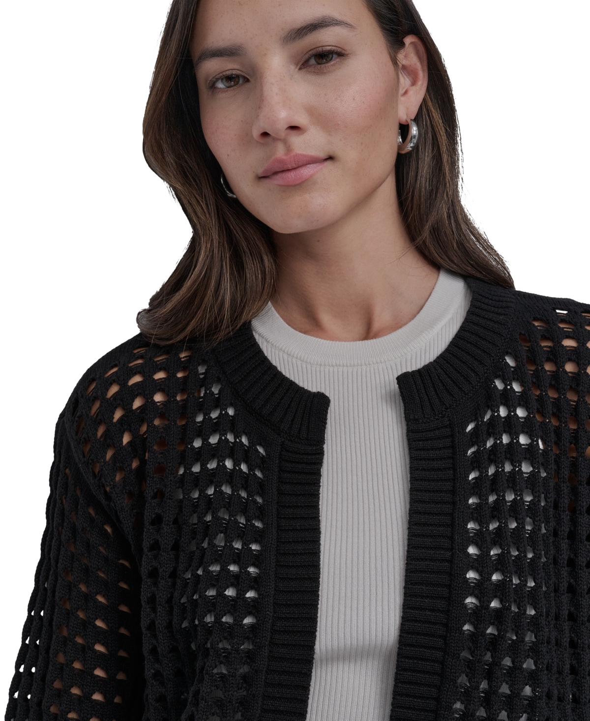 DKNY JEANS PETITE COTTON OPEN-STITCH LONG-SLEEVE CARDIGAN 