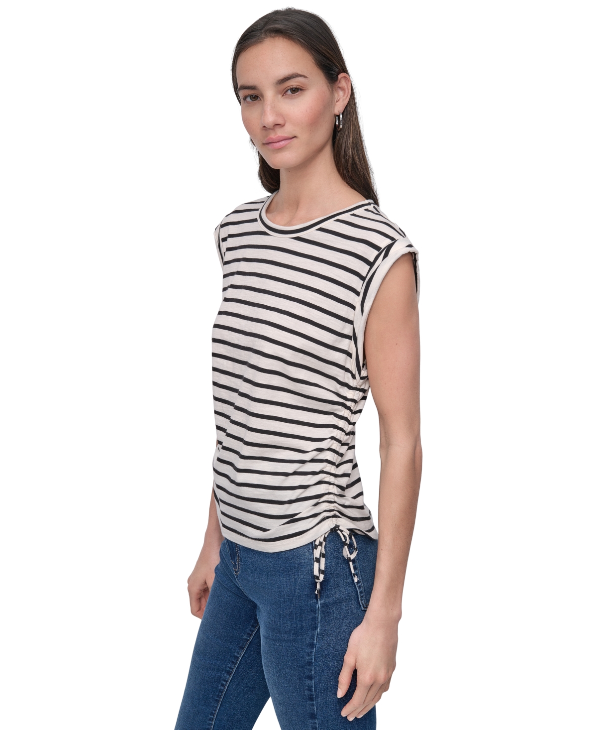 DKNY JEANS PETITE COTTON RUCHED SIDE-TIE SLEEVELESS TEE 