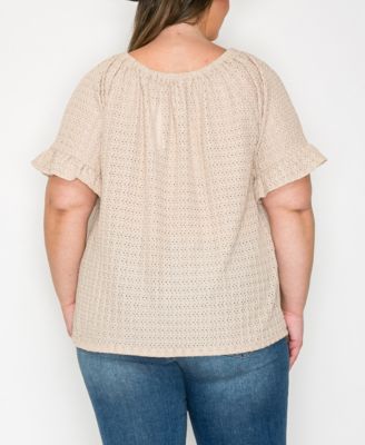 Plus Size Eyelet Jersey Button Front Ruffle Sleeve Peasant Top
