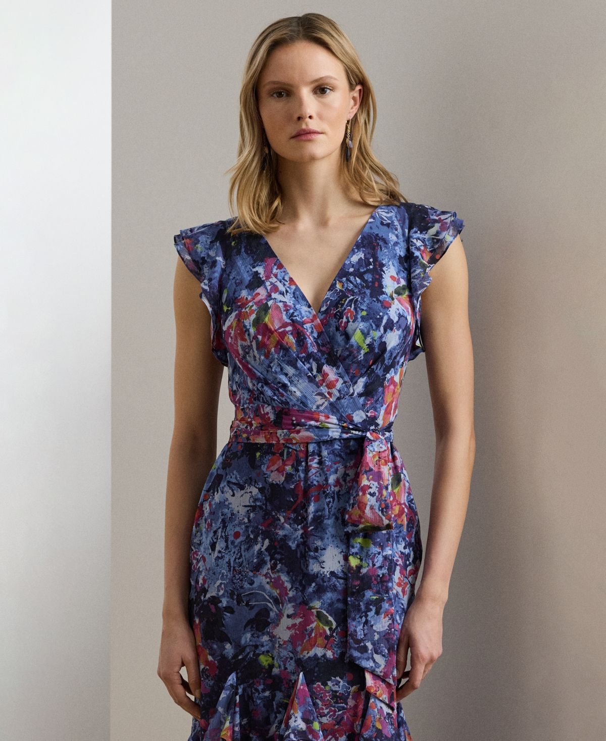 Ralph Lauren Print Ruffle-trim Crinkle Georgette Gown In Blue