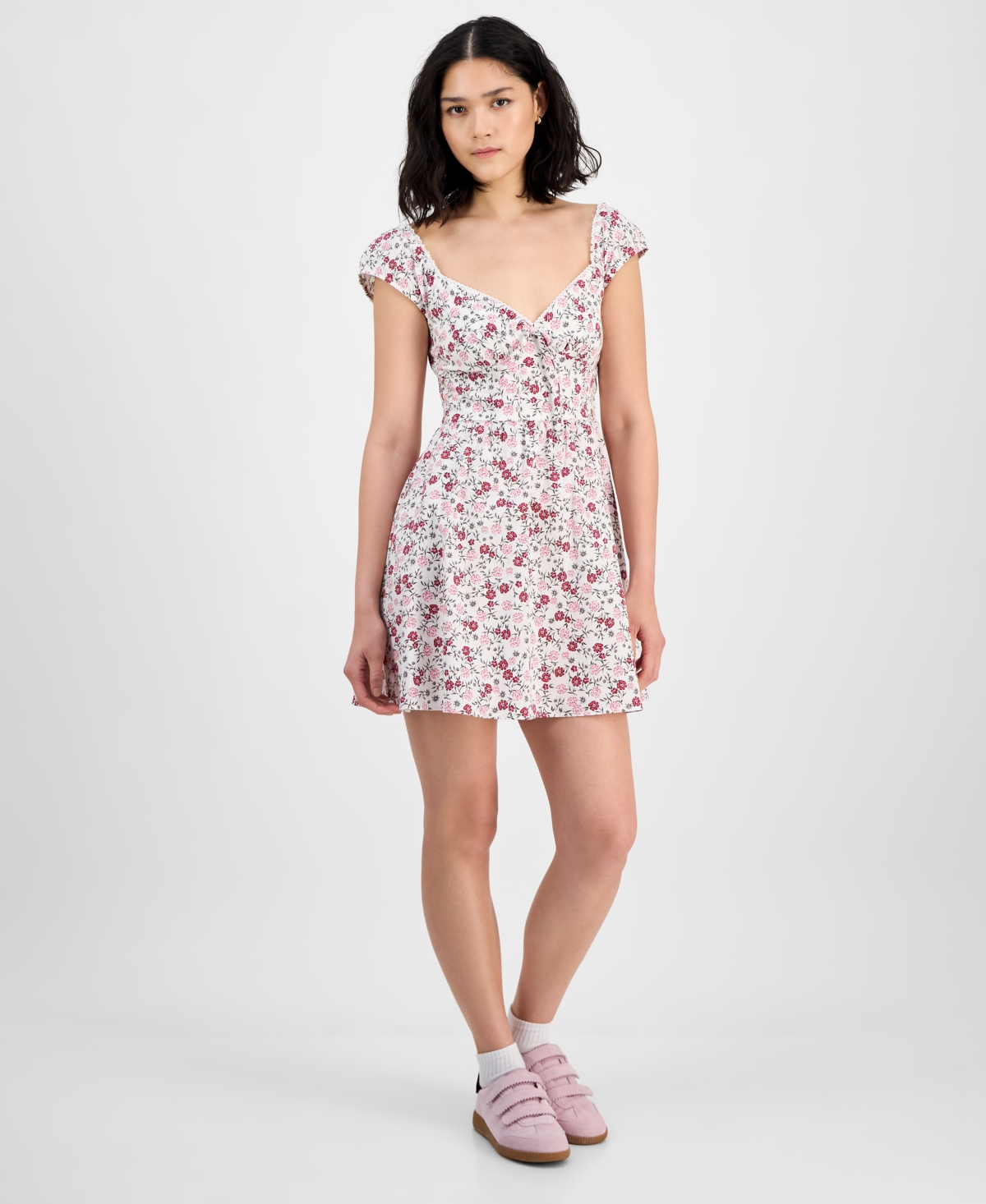Juniors' Floral Printed Cotton Mini Dress - Ivory Multi Ditsy