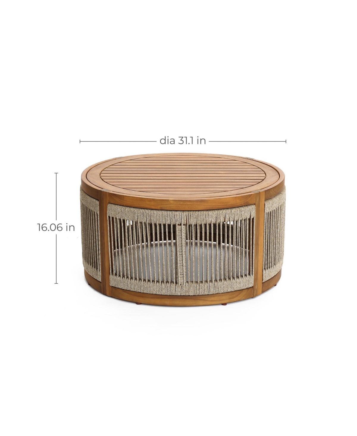 LuxenHome Outdoor Acacia Wood Rope Sides Round Drum Coffee Table
