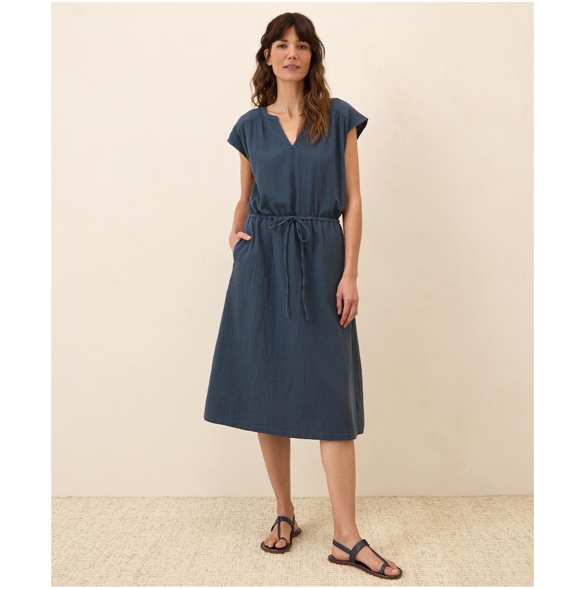 Women's Organic Cotton Coastal Double Gauze Tie Waist Midi Dress - Sangria