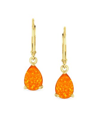Simple White Orange Opal Created Opal Solitaire 7MM Pear Shaped Teardrop Dangle Lever Back Earrings Yellow Gold Plated Silver