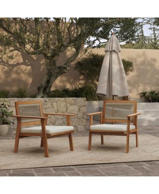 Outdoor Acacia Wood Rope Back Armchairs with Cushions, Set of 2
