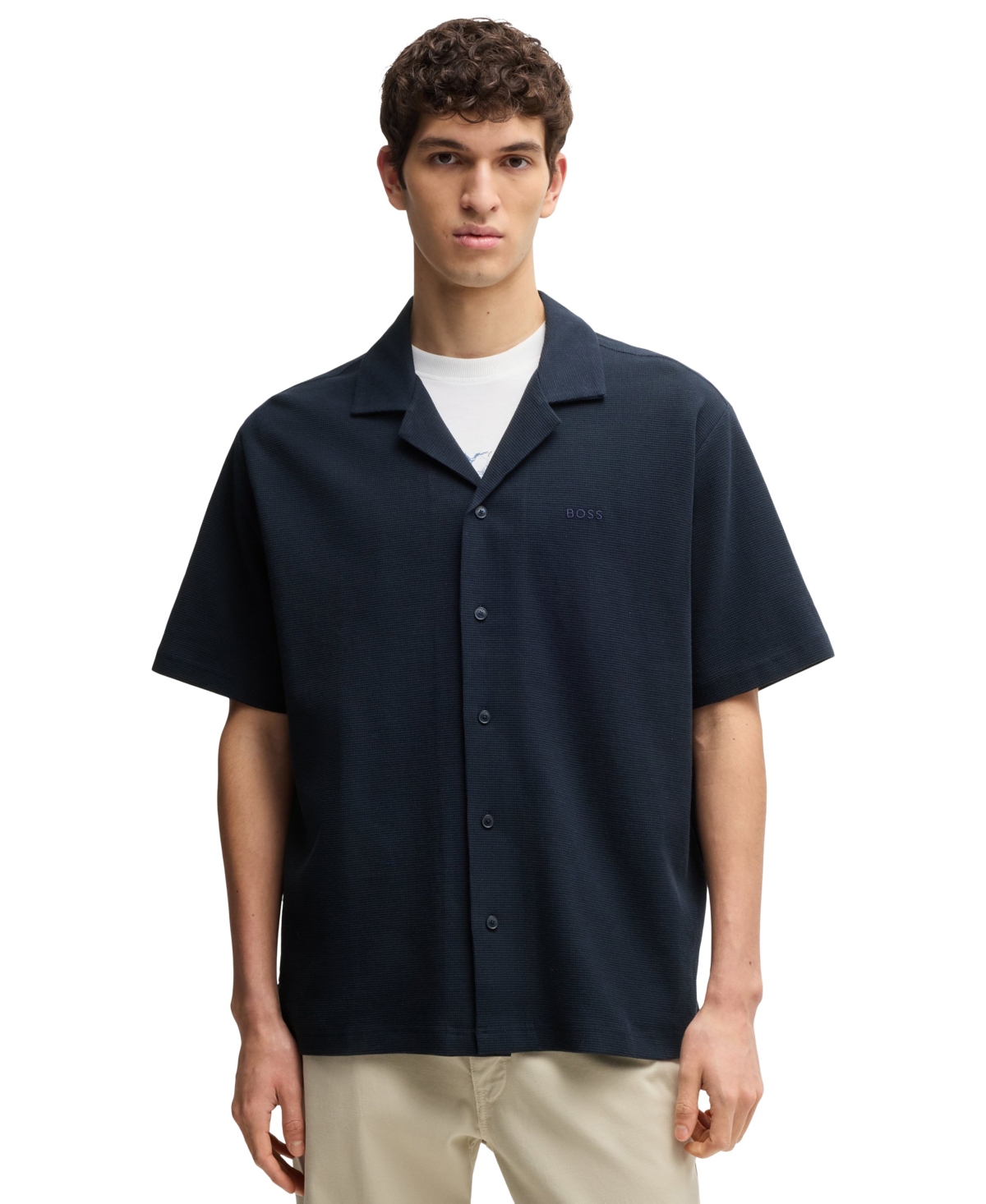 Boss by Hugo Boss Men's Waffle Cotton Relaxed-Fit Shirt - Dark Blue