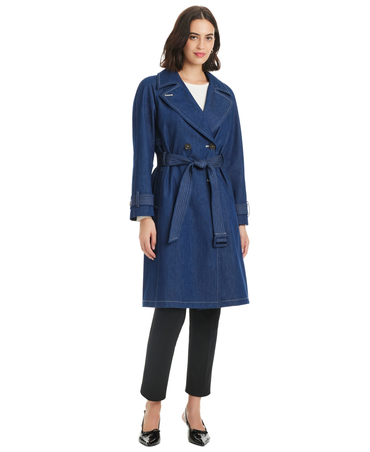 Kate Spade New York Double Breasted Longline Denim Trench Coat In Blue