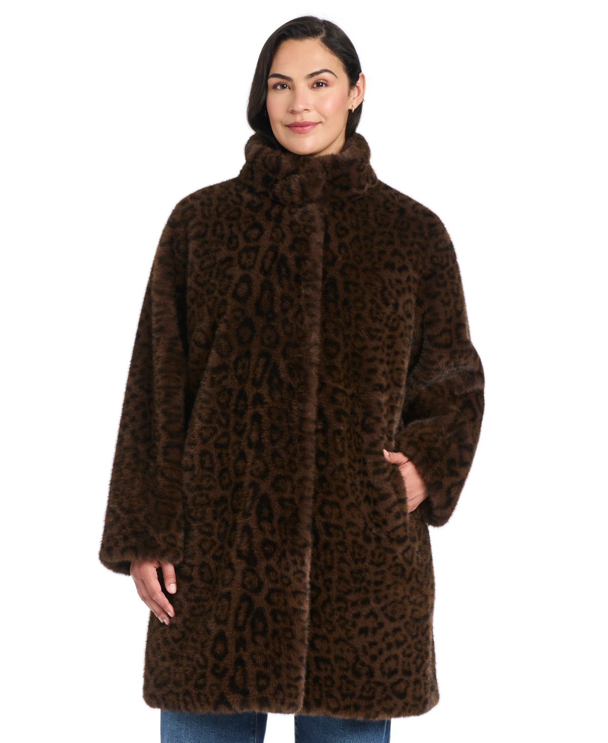 Jones New York Womens Collared Faux Fur Coat P Xs Xxl In Brown