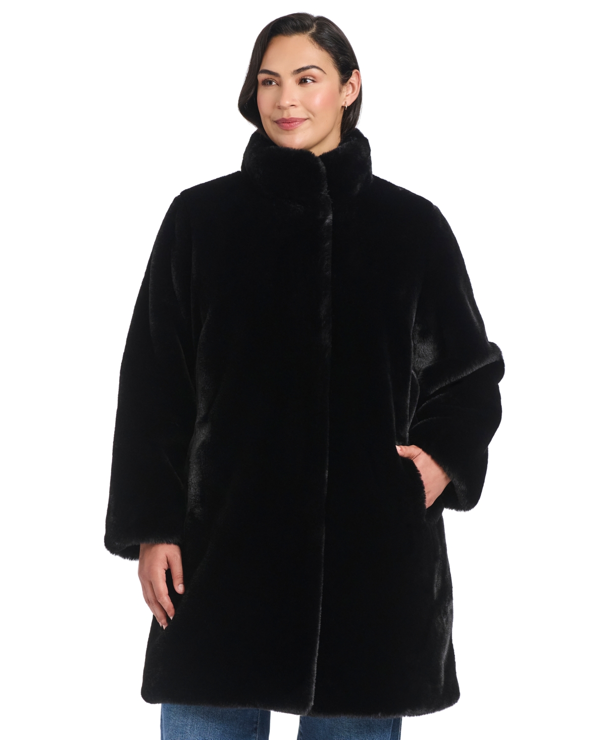 Jones New York Plus Size Stand-collar Faux-fur Coat In Black