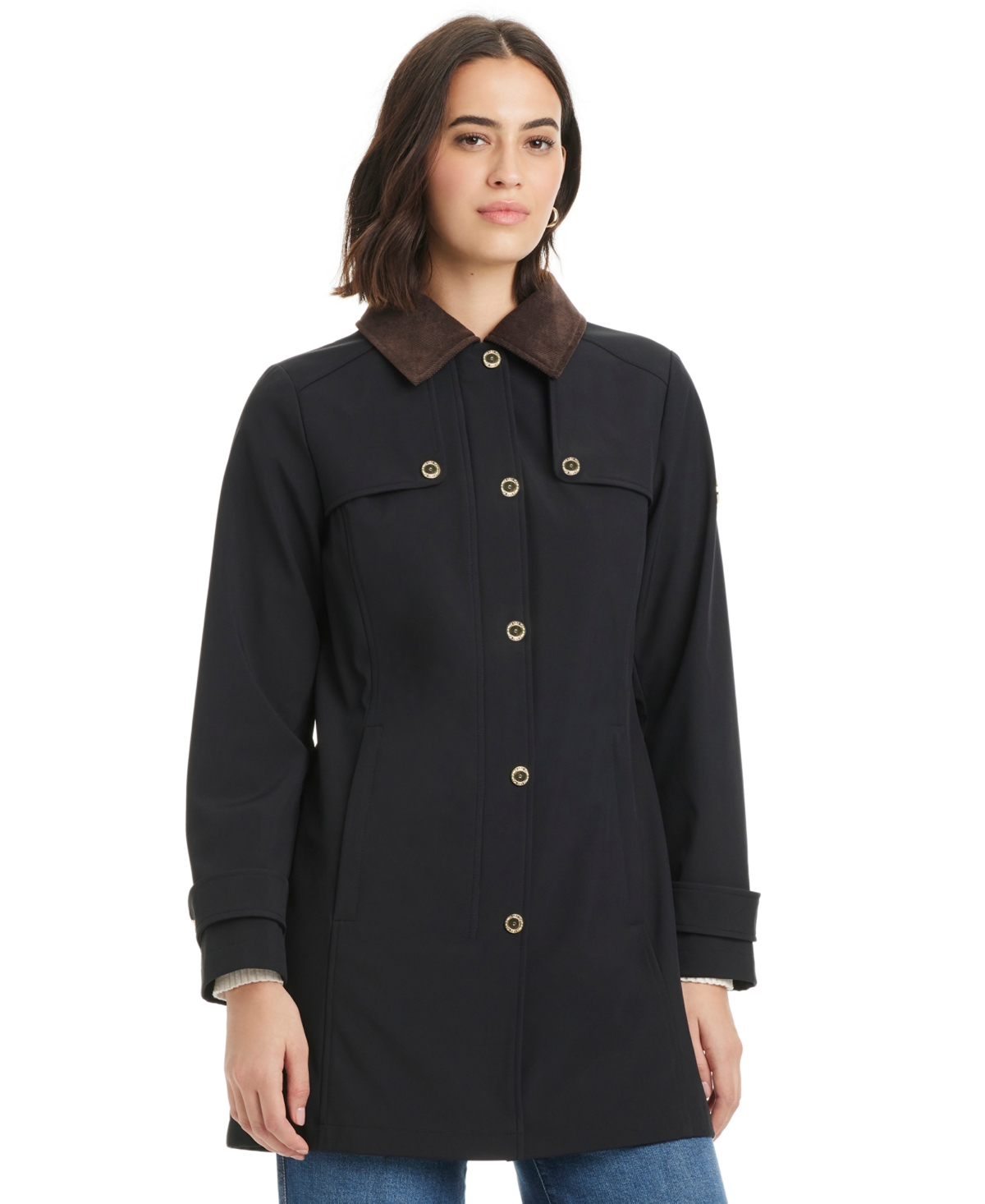 Jones New York Women's Hooded Corduroy-collar Softshell Coat, Exclusively At Macy's In Black