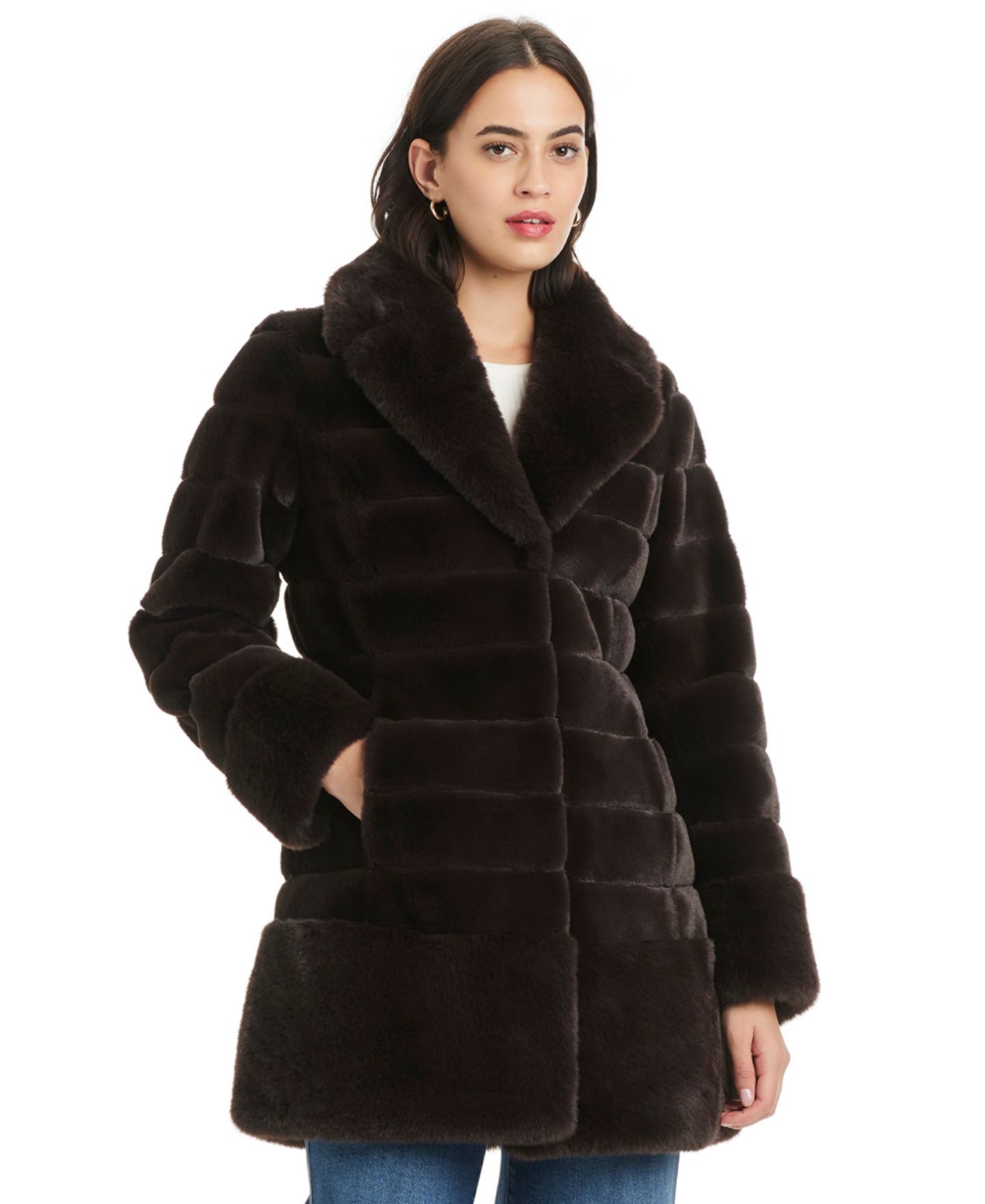 Женское пальто Jones New York Faux-Fur Notched-Collar, цвет: Тёмный коричневый — фото 1