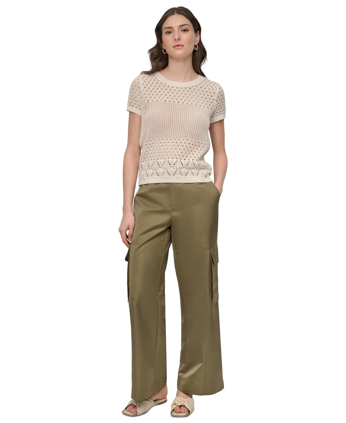 DKNY JEANS WOMEN'S MIXED-STITCH SHORT-SLEEVE SWEATER 
