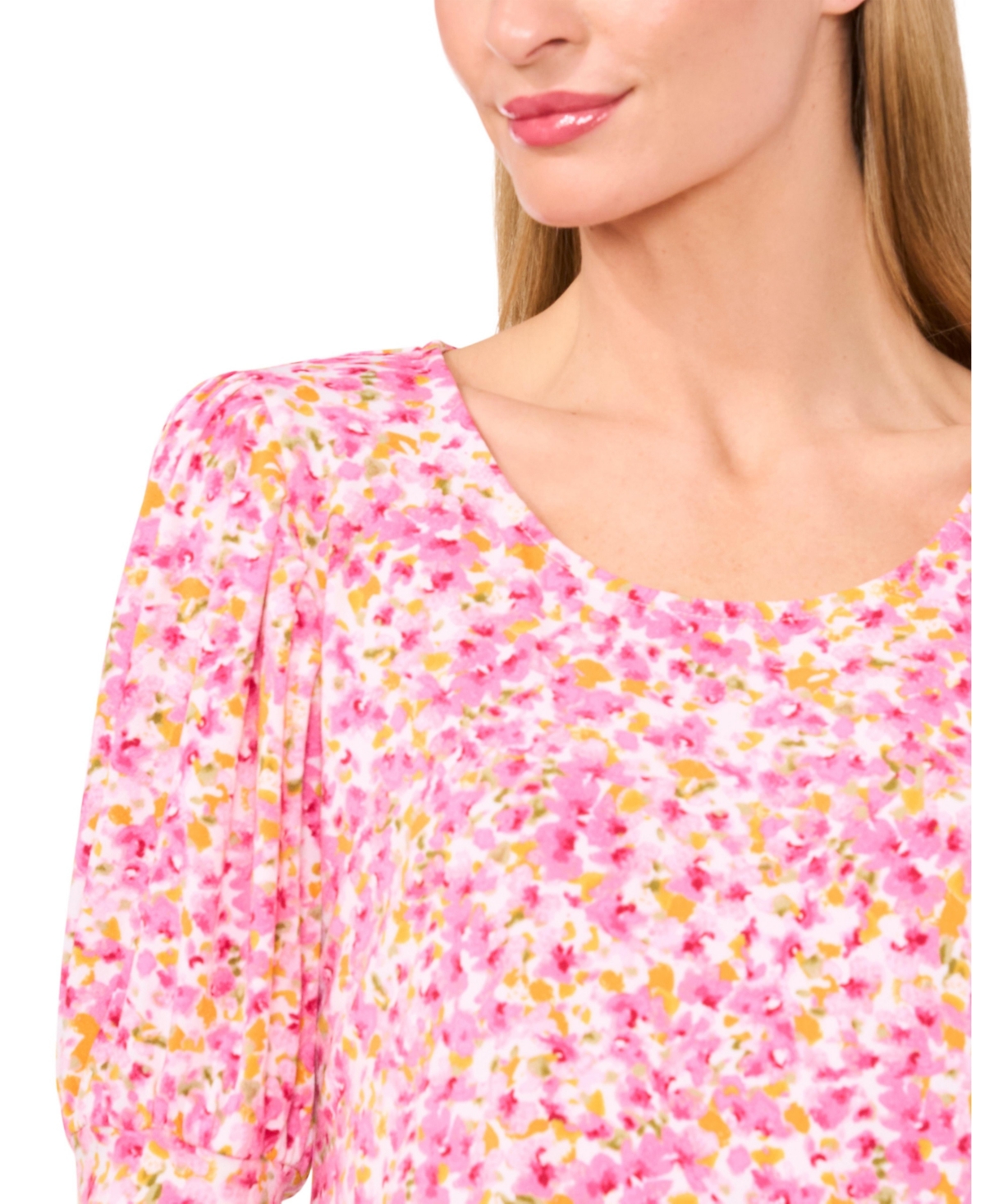 Shop Cece Women's Crew Neck Shirred Elbow Sleeve Top In Pink Multi