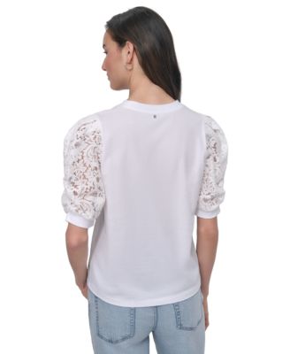 Women's Mixed Media Lace-Sleeve Top