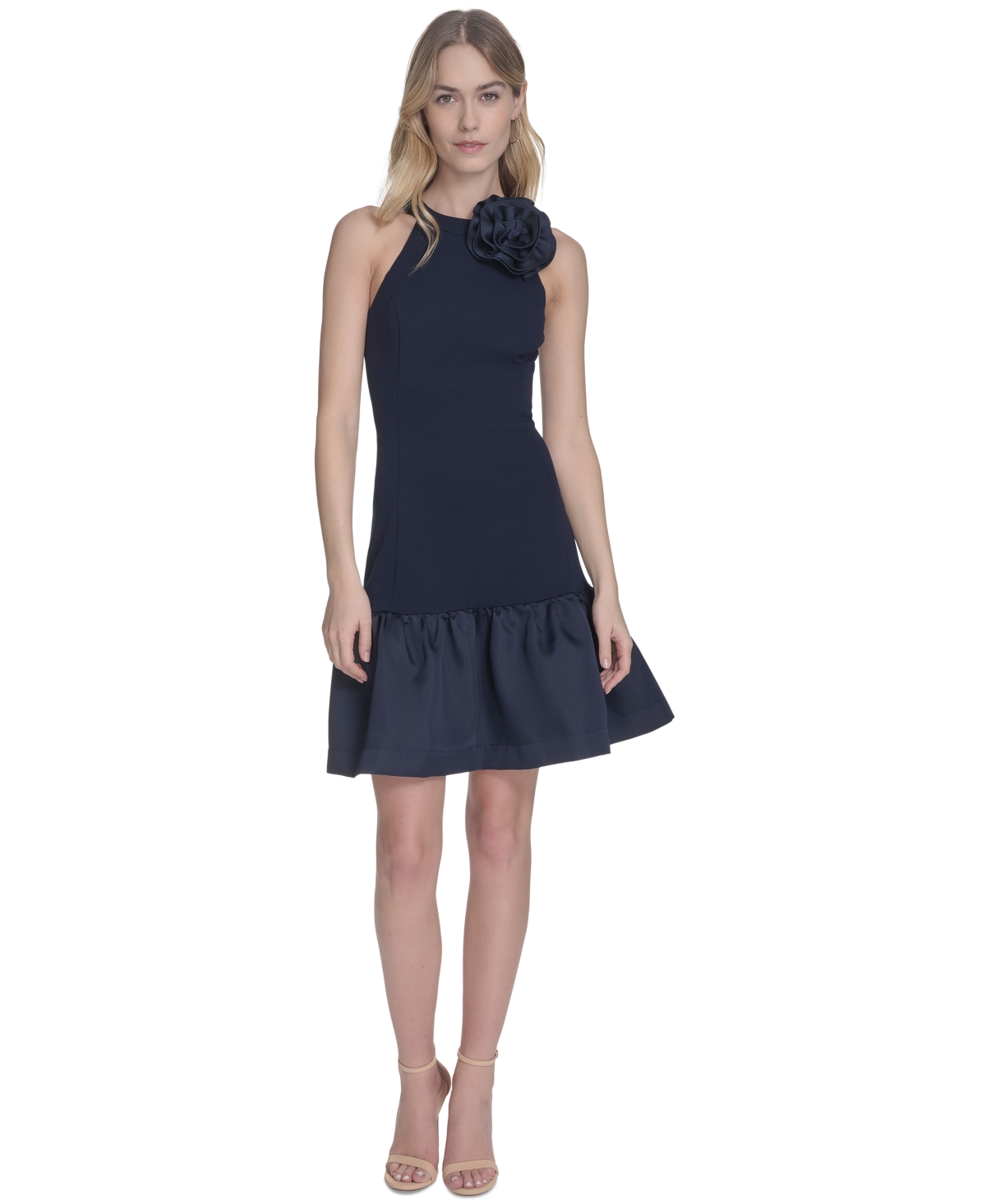 Petite Rosette-Trim Taffeta-Skirt Dress - Navy