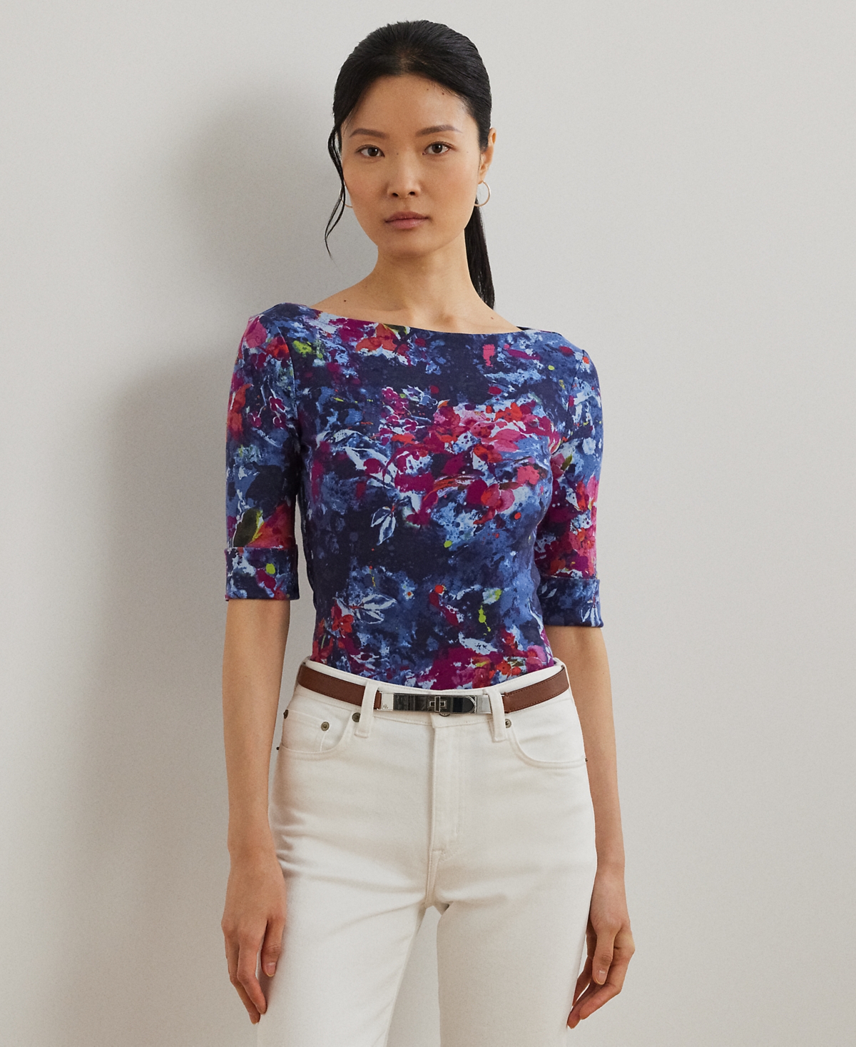 Lauren Ralph Lauren Petite Print Stretch Cotton Boatneck Tee
