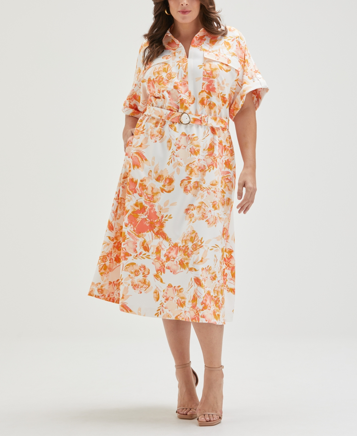 Plus Size Floral Print Utility Short Sleeve Shirt Dress - Coral