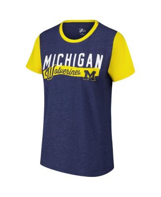 Women's Navy Michigan Wolverines Racer Crewneck Ringer T-Shirt