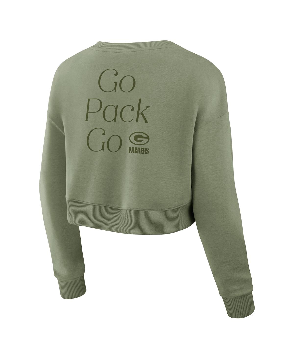 Fanatics Women's Olive Green Bay Packers Studio Tri-blend Cropped Pullover Sweatshirt In Olive