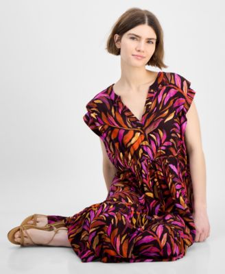 Women's Printed Extended-Shoulder Midi Dress