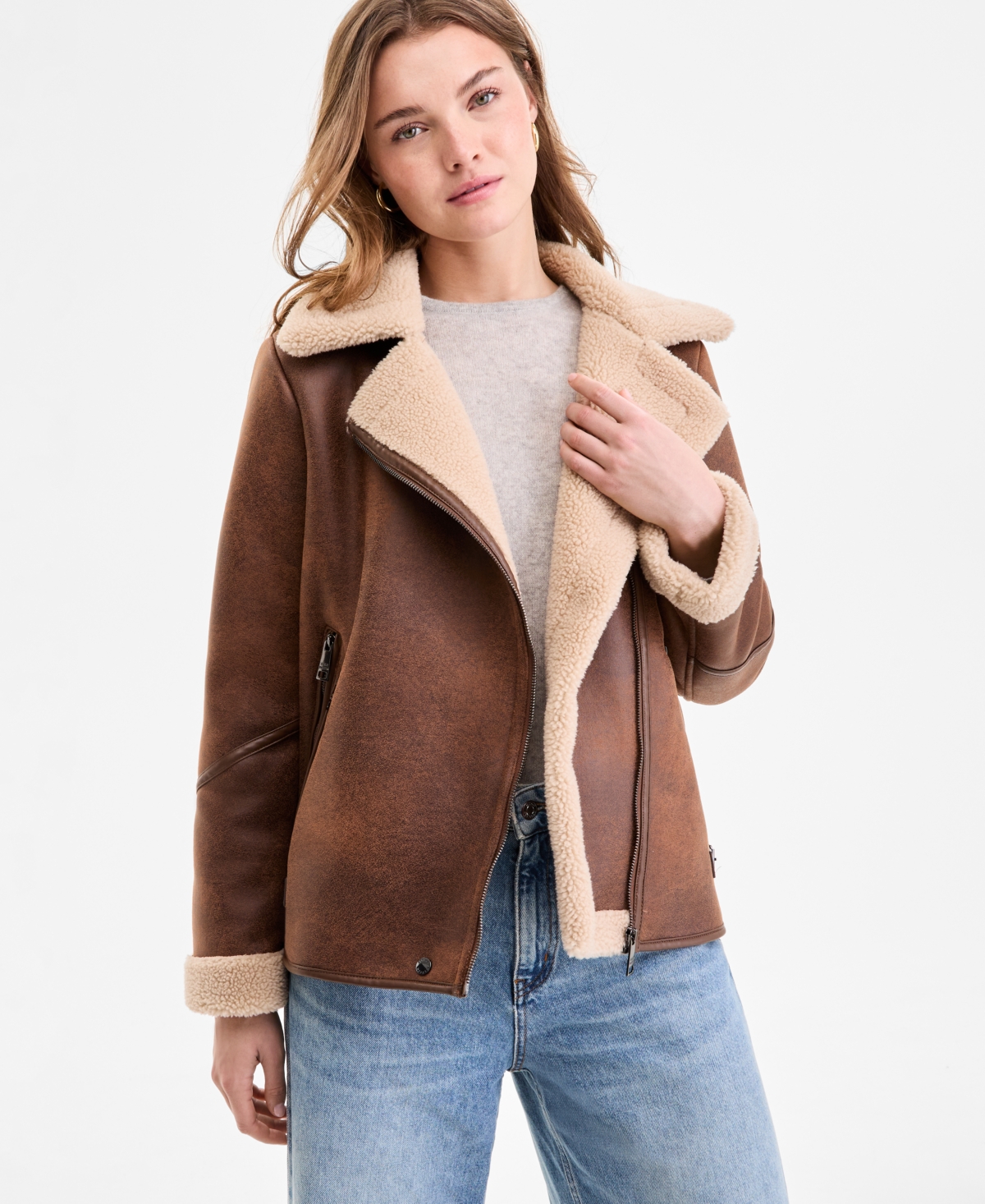 Steve Madden Women's Asymmetric Faux-shearling Coat In Brown