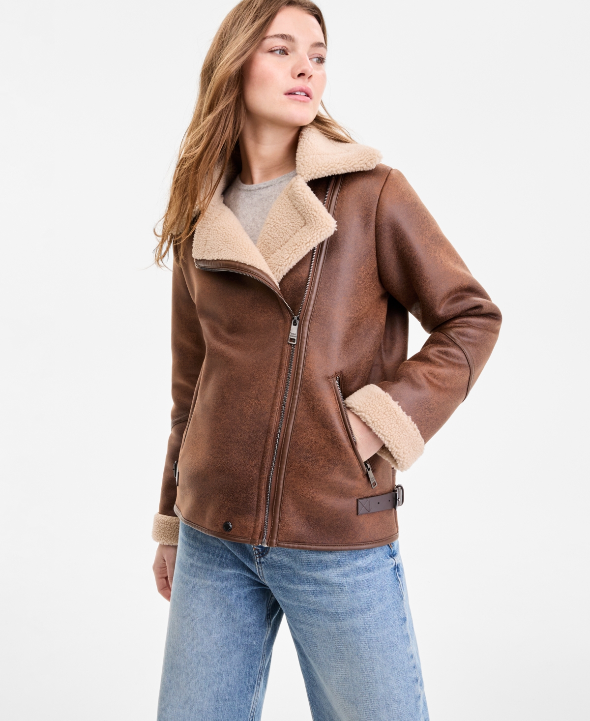Steve Madden Women's Asymmetric Faux-shearling Coat In Brown