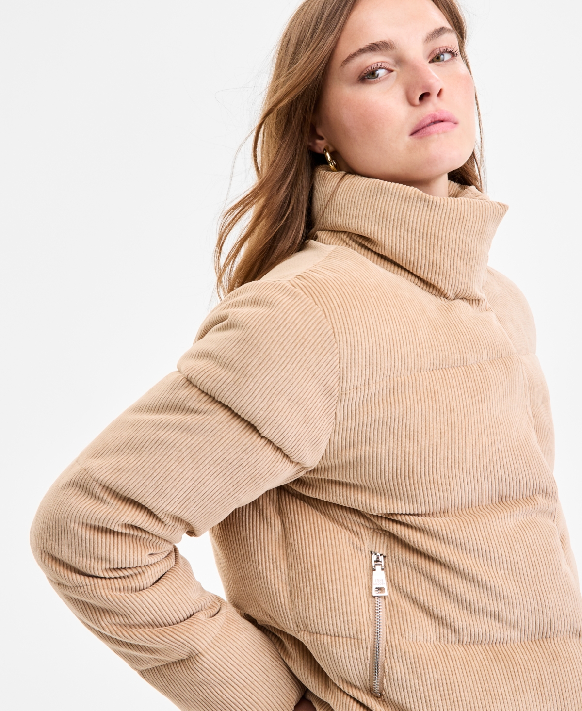 Steve Madden Women's Corduroy Zip-front Puffer Coat In Nude