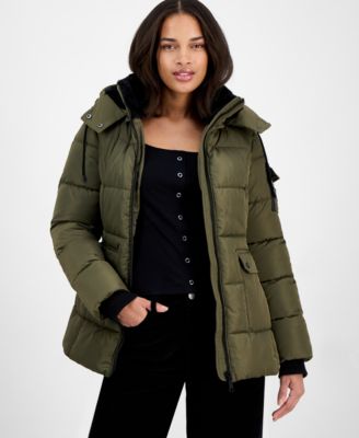 Steve Madden - Juniors' Faux-Fur-Trim Hooded Utility-Pocket Puffer Coat