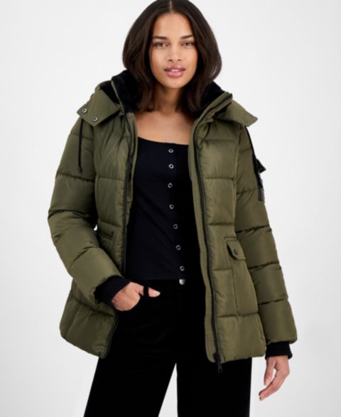 Женские куртки Steve Madden Women's Faux-Fur-Trim Hooded Utility-Pocket Puffer Coat