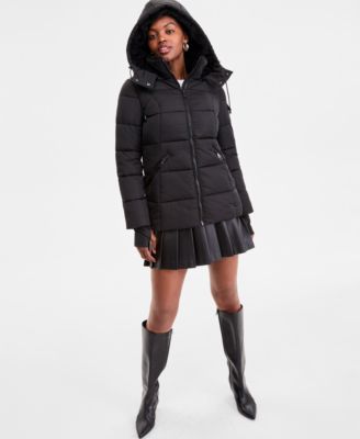 Steve Madden - Juniors' Faux-Fur-Trim Hooded Puffer Coat