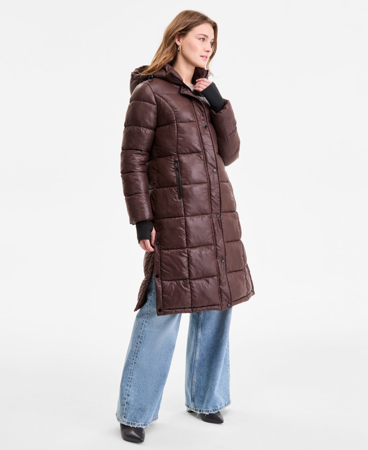 Steve Madden Women's Shiny Hooded Maxi Puffer Coat In Burgundy
