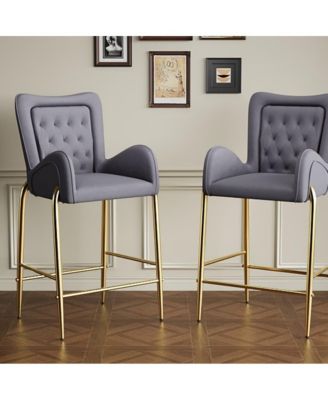   Set of 2  Velvet Upholstered, Tufted Armchairs, Gold Metal Legs   Elegant Design Bar Stools