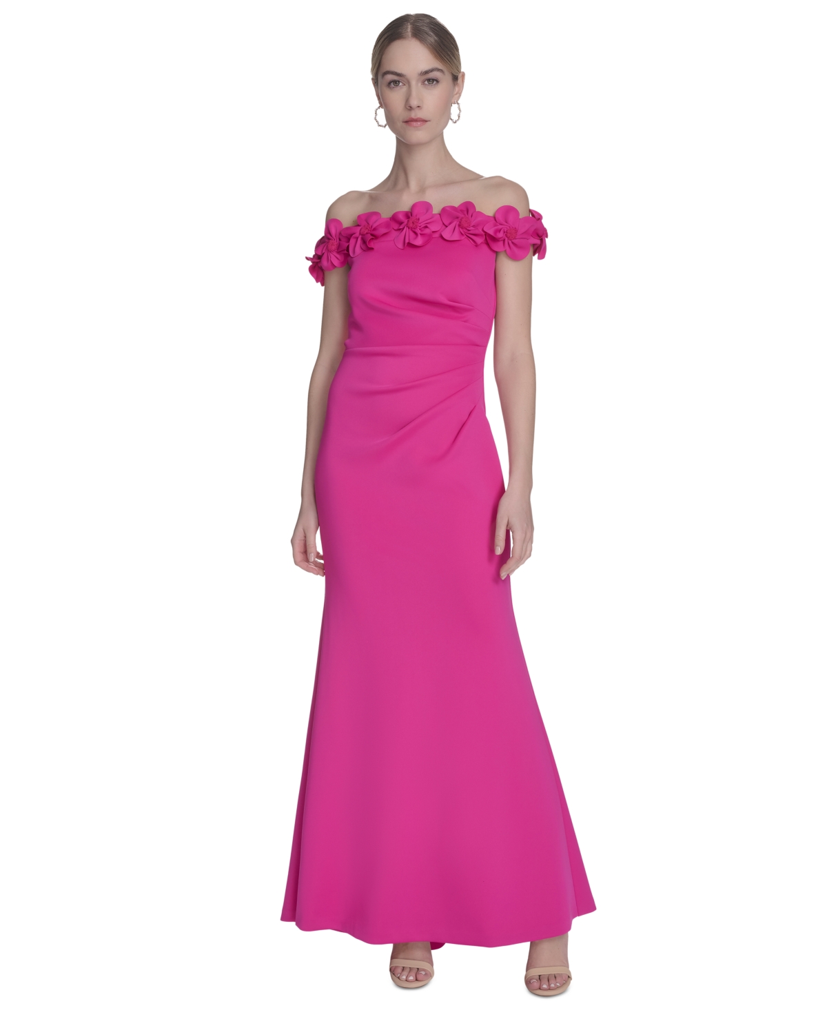 ELIZA J PETITE ROSETTE-TRIM-OFF-SHOULDER STRAPLESS GOWN 