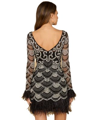 Women's Beaded Short Dress with Feathers and Sleeves