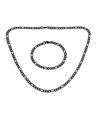 Flat Figaro Link 5MM Necklace and Bracelet Set Black Gold Tone Stainless Steel