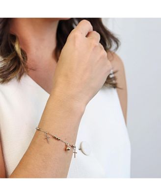 Christian Religious Beads Charm Cross Bracelet Gold Plated Brass 7.5 Inch