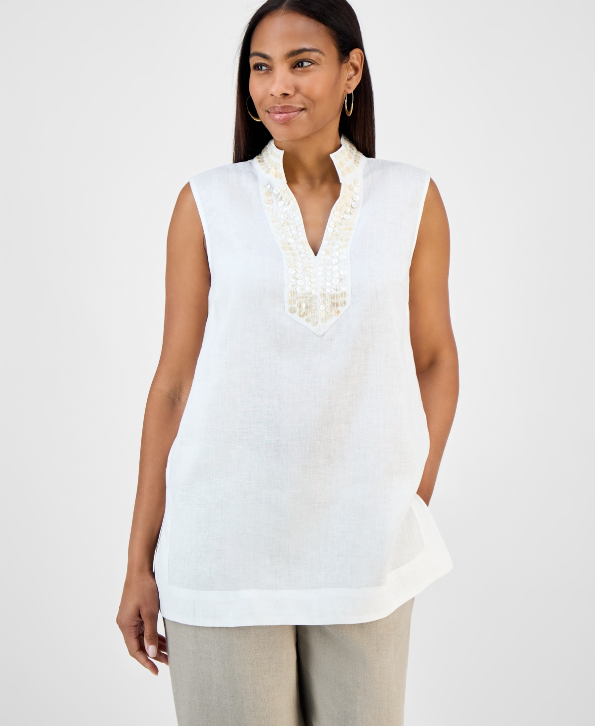 CHARTER CLUB WOMEN'S EMBELLISHED 100% LINEN TUNIC, EXCLUSIVELY AT MACY'S 