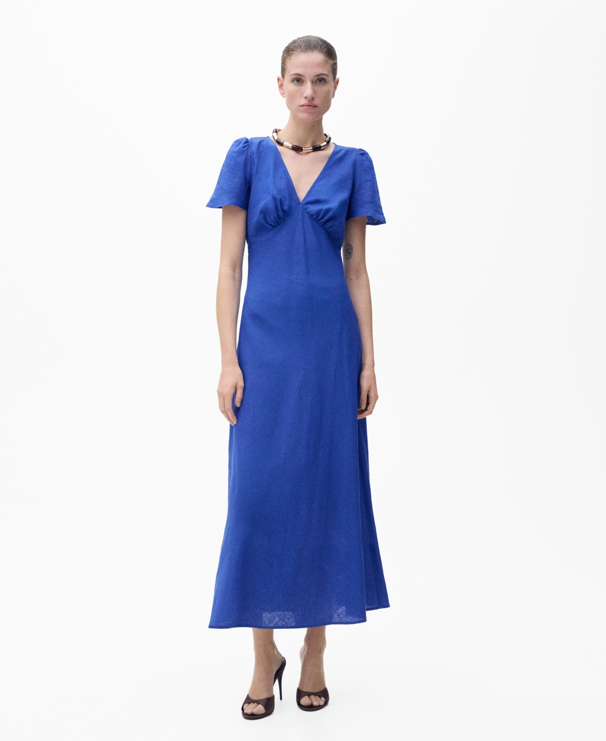 Mango Floral Linen-blend Dress Blue In Blue
