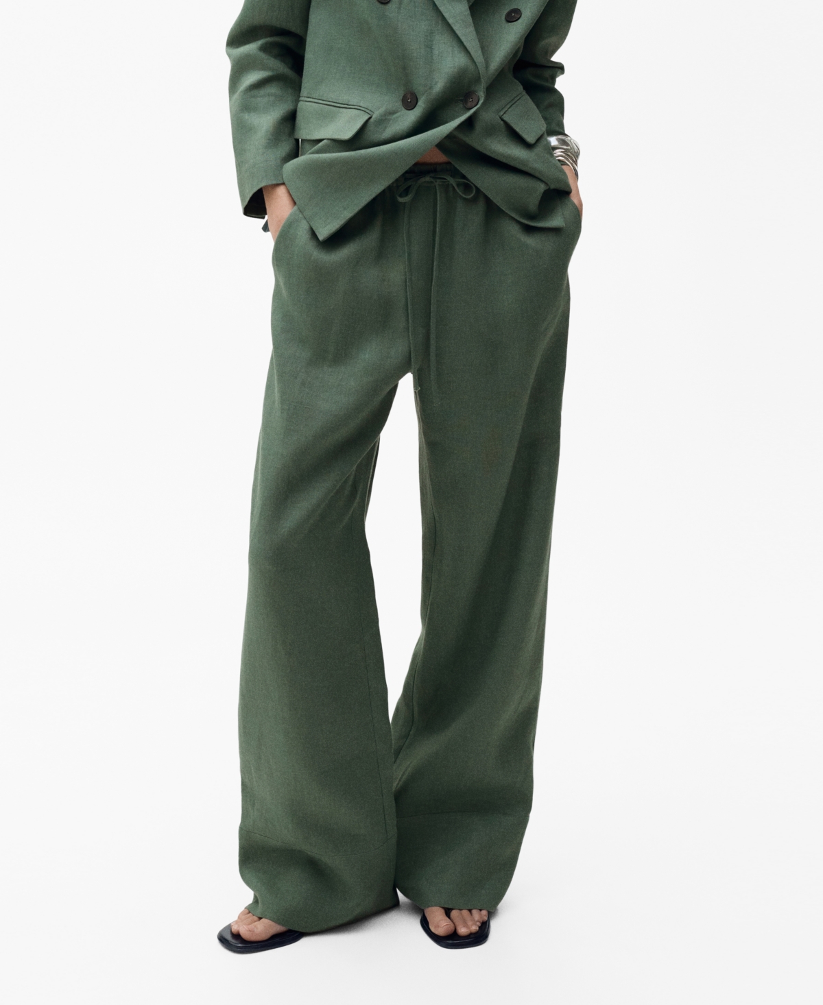 Women's Straight Linen-Blend Trousers Pants - Forest Green