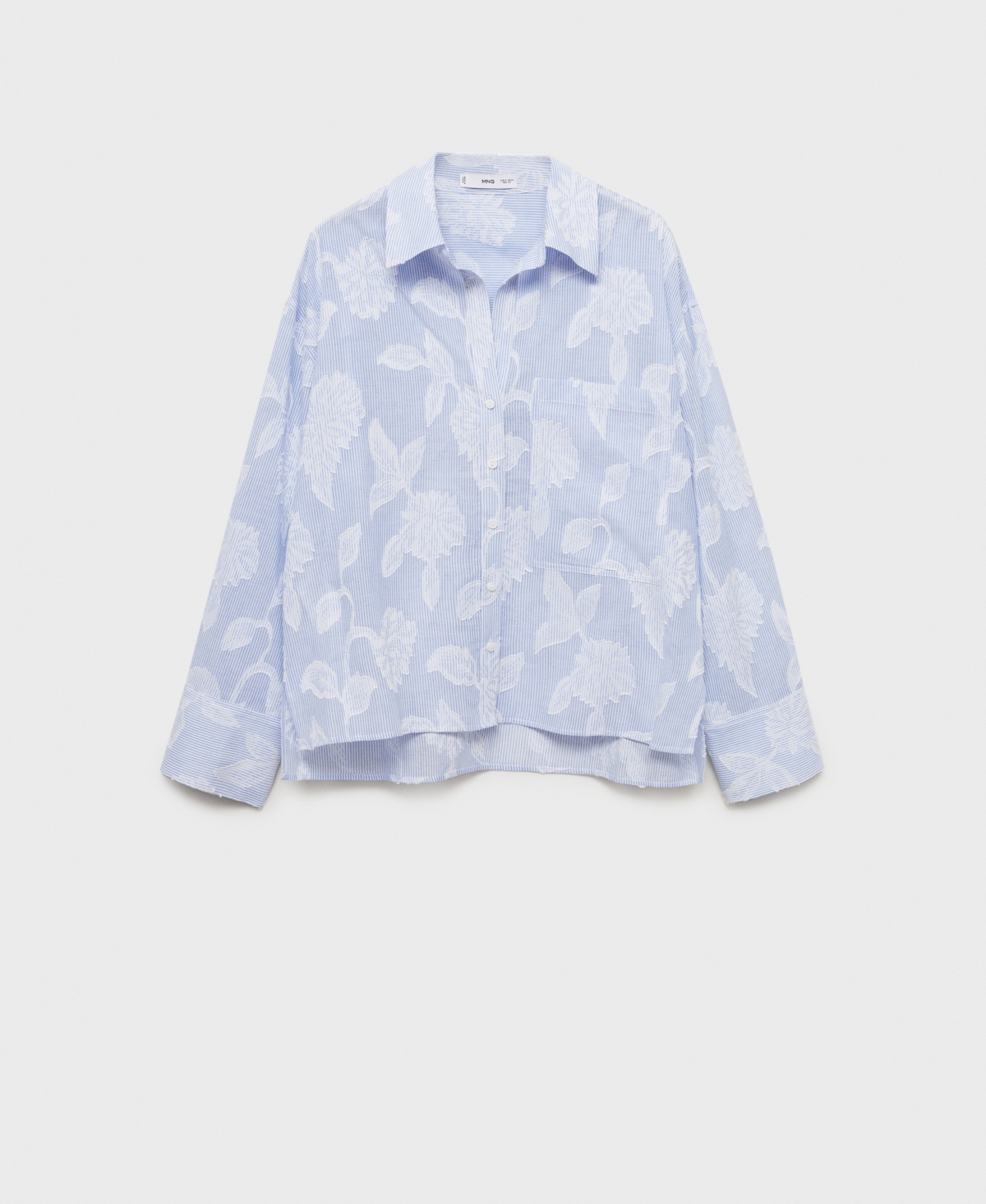 Mango Oversize Embroidered Floral Stripe Button-up Shirt In Sky Blue