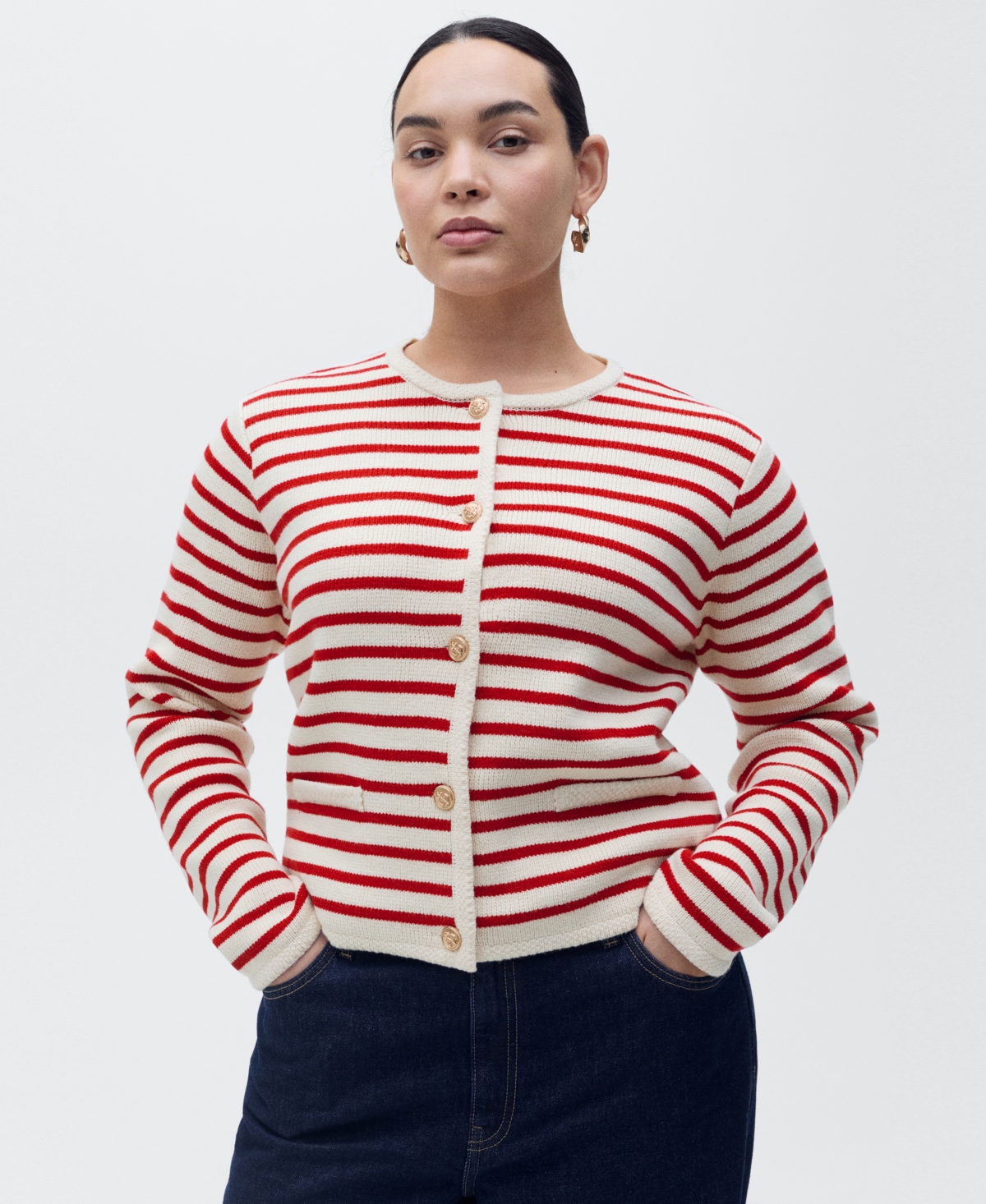 Mango Women's Stripped Knit Cardigan Sweater In Red