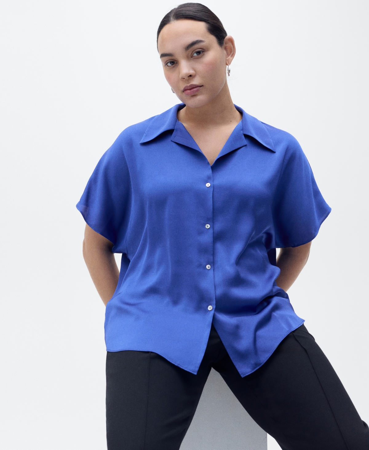 Mango Short Sleeve Satin Button-up Shirt In Night Blue