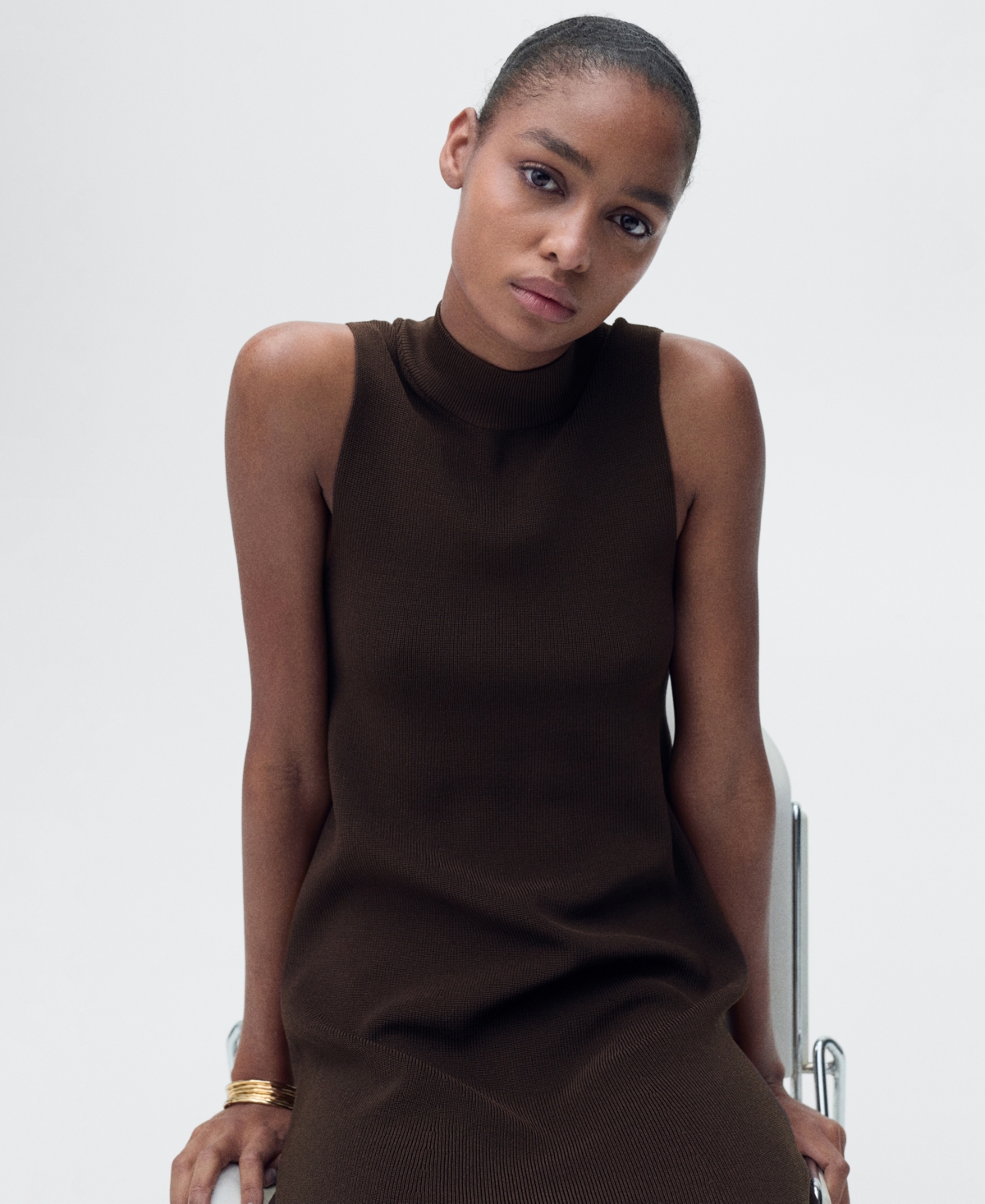Shop Mango Women's Perkins-neck Knitted Dress In Chocolate