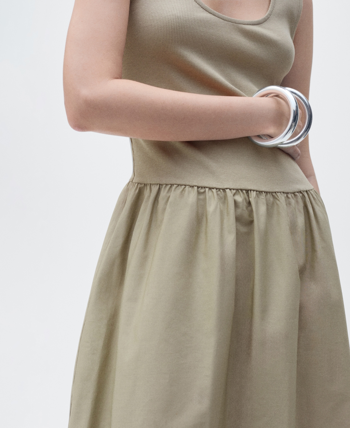 Shop Mango Women's Combined Fabric Flared Dress In Khaki