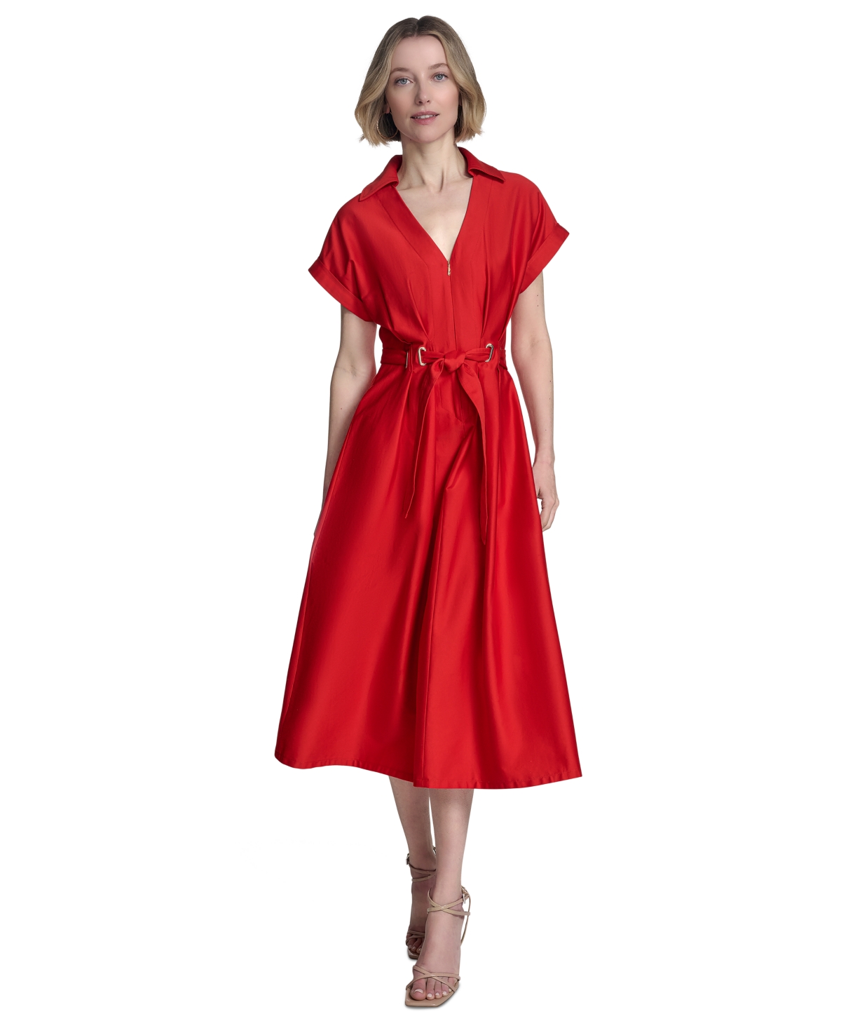 HALSTON WOMEN'S ZIP-FRONT CUFFED-SLEEVE MIDI DRESS 