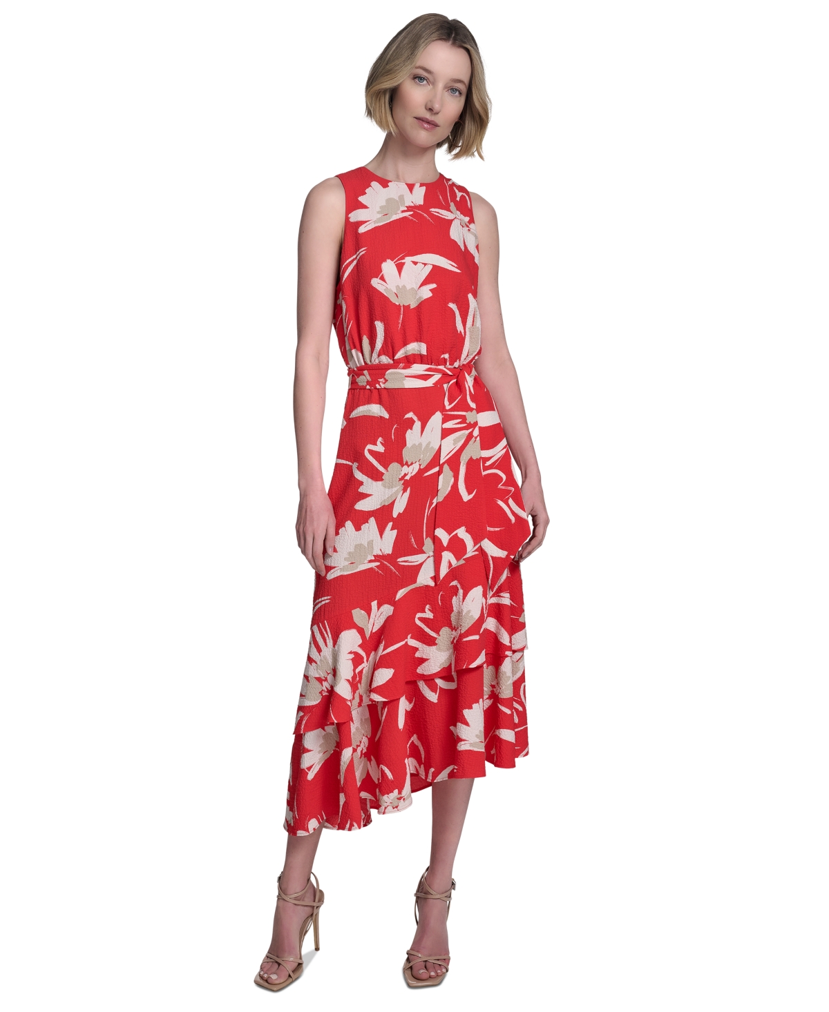 HALSTON WOMEN'S BELTED TIERED ASYMMETRIC-HEM DRESS 